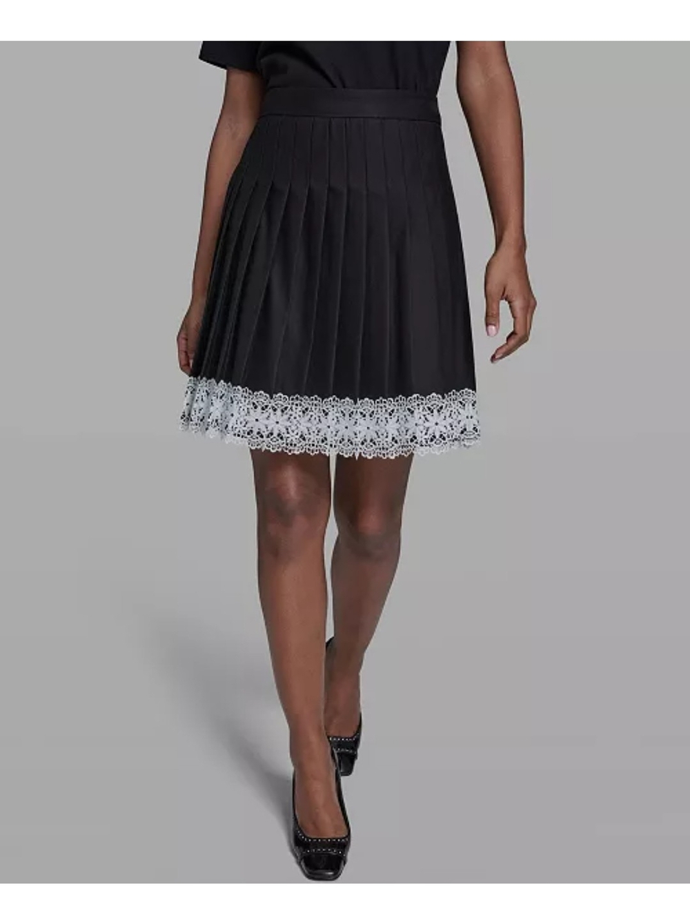 Karl Lagerfeld Black Pleated Mini Skirt with White Lace Hem